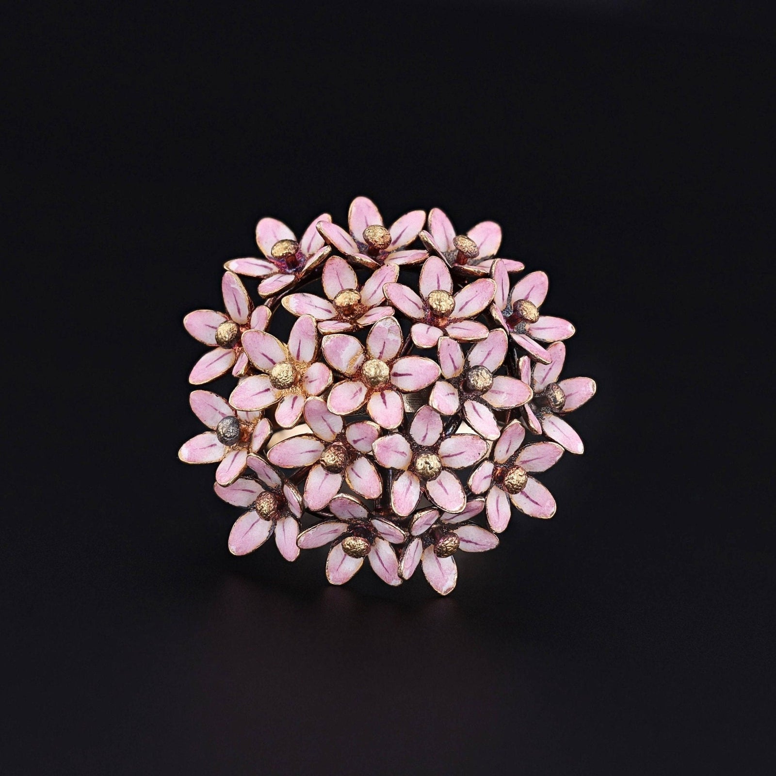 Antique Pink Enamel Flower Conversion Ring of 14k Gold - Trademark Antiques