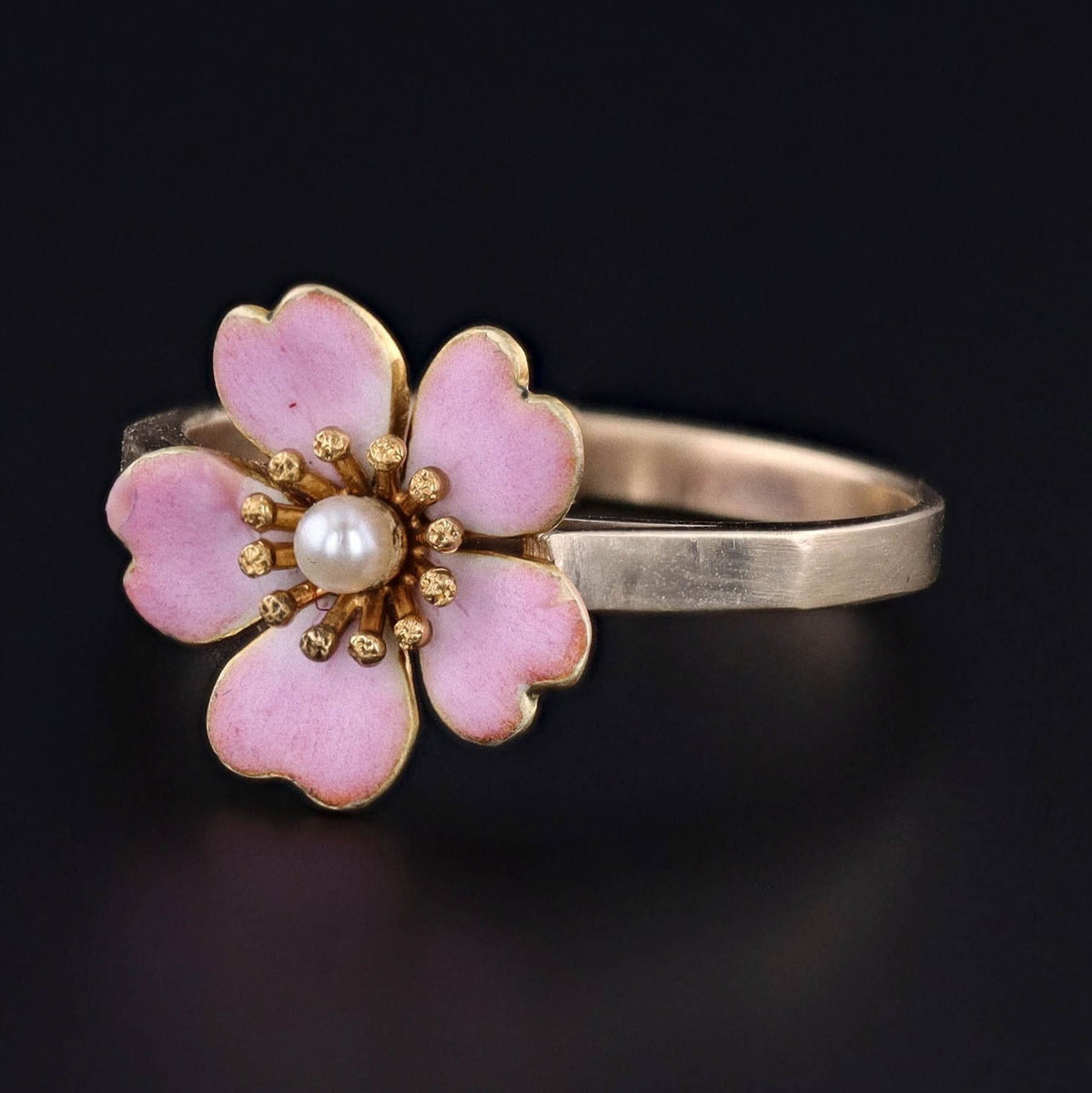 Antique Pink Enamel Flower Ring of 14k Gold - Trademark Antiques