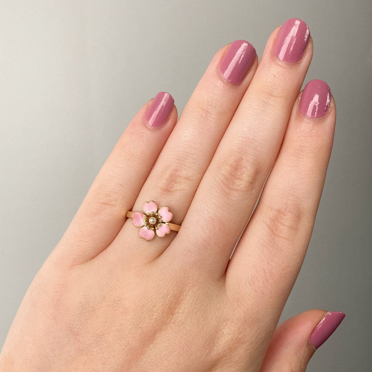 Antique Pink Enamel Flower Ring of 14k Gold - Trademark Antiques