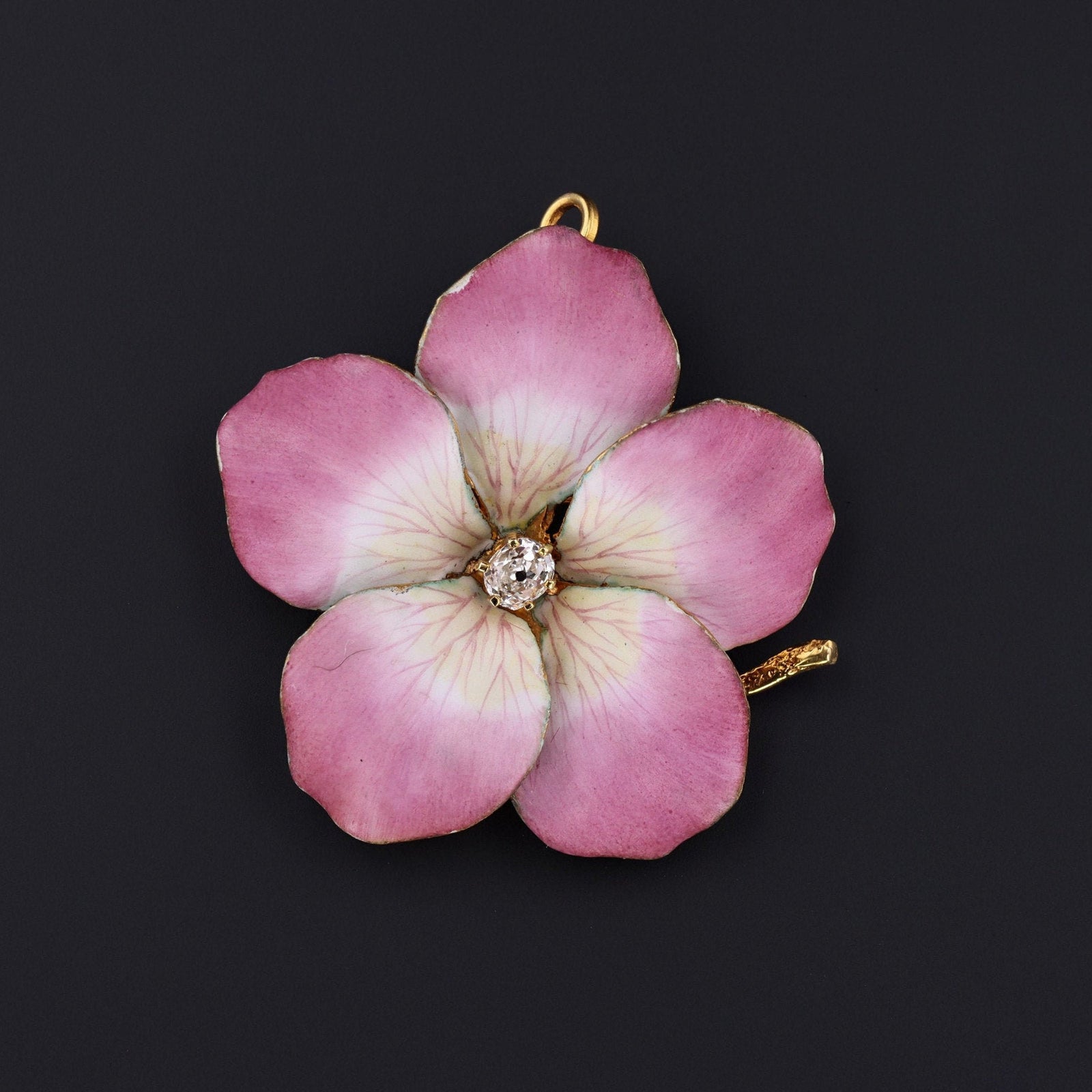 Antique Pink Flower Brooch or Pendant | Antique Enamel 14k Gold Flower - Trademark Antiques