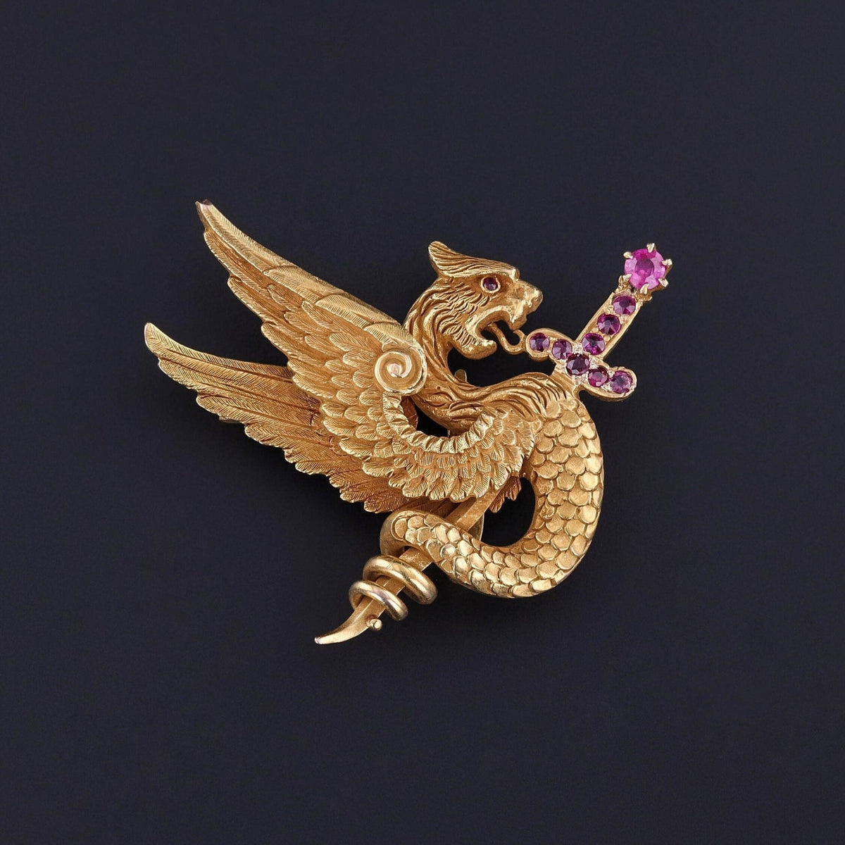 Antique Pink Sapphire Griffin Brooch of 14k Gold - Trademark Antiques