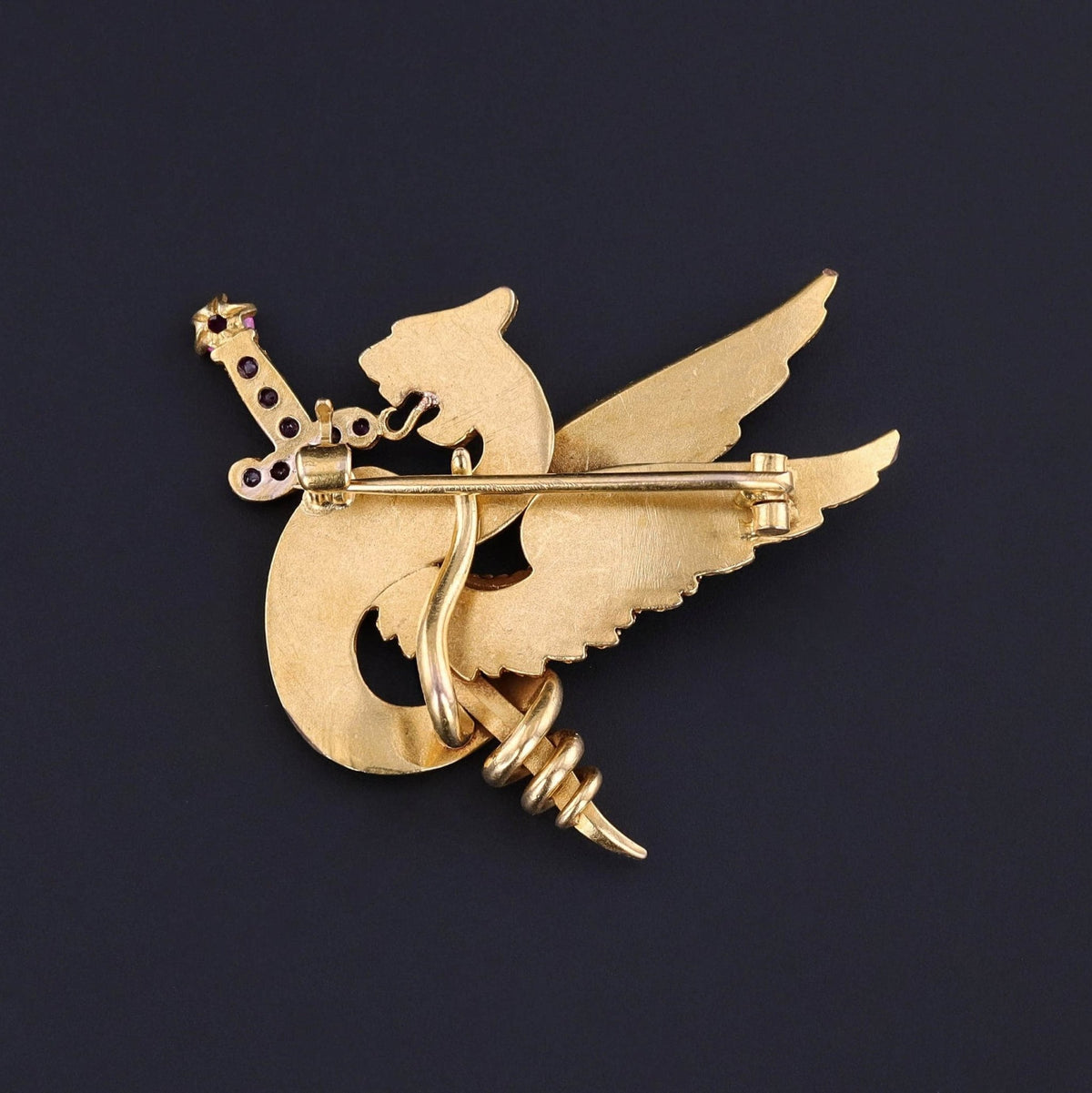 Antique Pink Sapphire Griffin Brooch of 14k Gold - Trademark Antiques