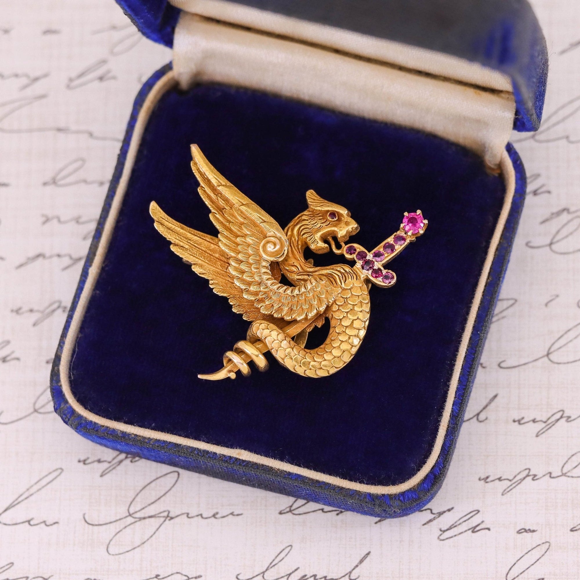 Antique Pink Sapphire Griffin Brooch of 14k Gold - Trademark Antiques