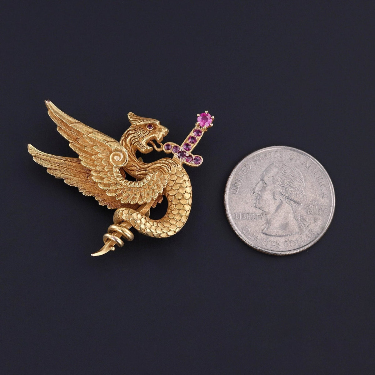 Antique Pink Sapphire Griffin Brooch of 14k Gold - Trademark Antiques