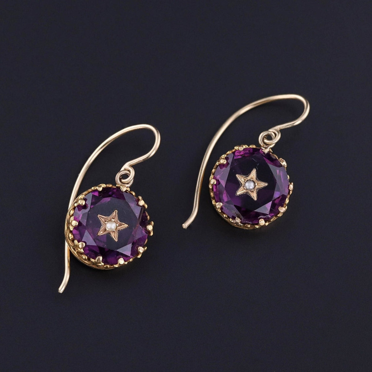 Antique Purple Glass Star Earrings of 14k Gold - Trademark Antiques
