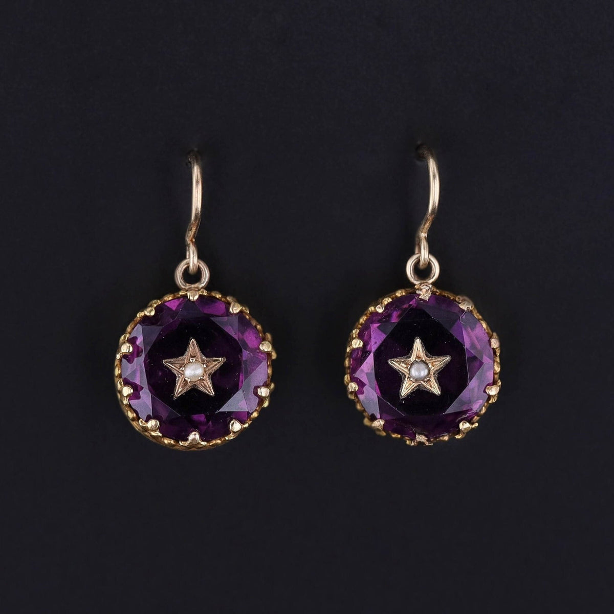 Antique Purple Glass Star Earrings of 14k Gold - Trademark Antiques