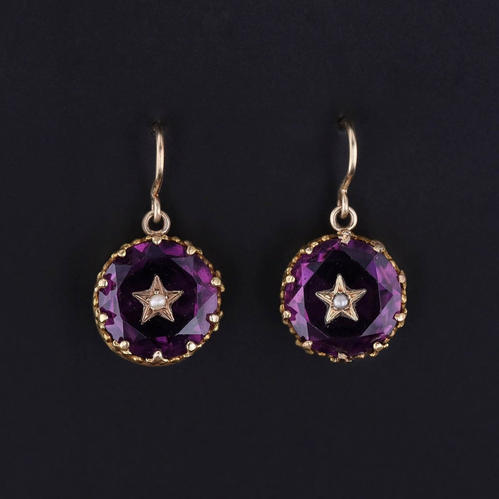Antique Purple Glass Star Earrings of 14k Gold - Trademark Antiques