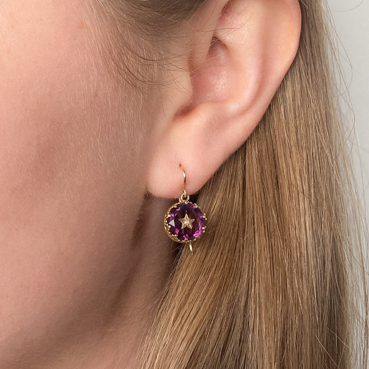 Antique Purple Glass Star Earrings of 14k Gold - Trademark Antiques