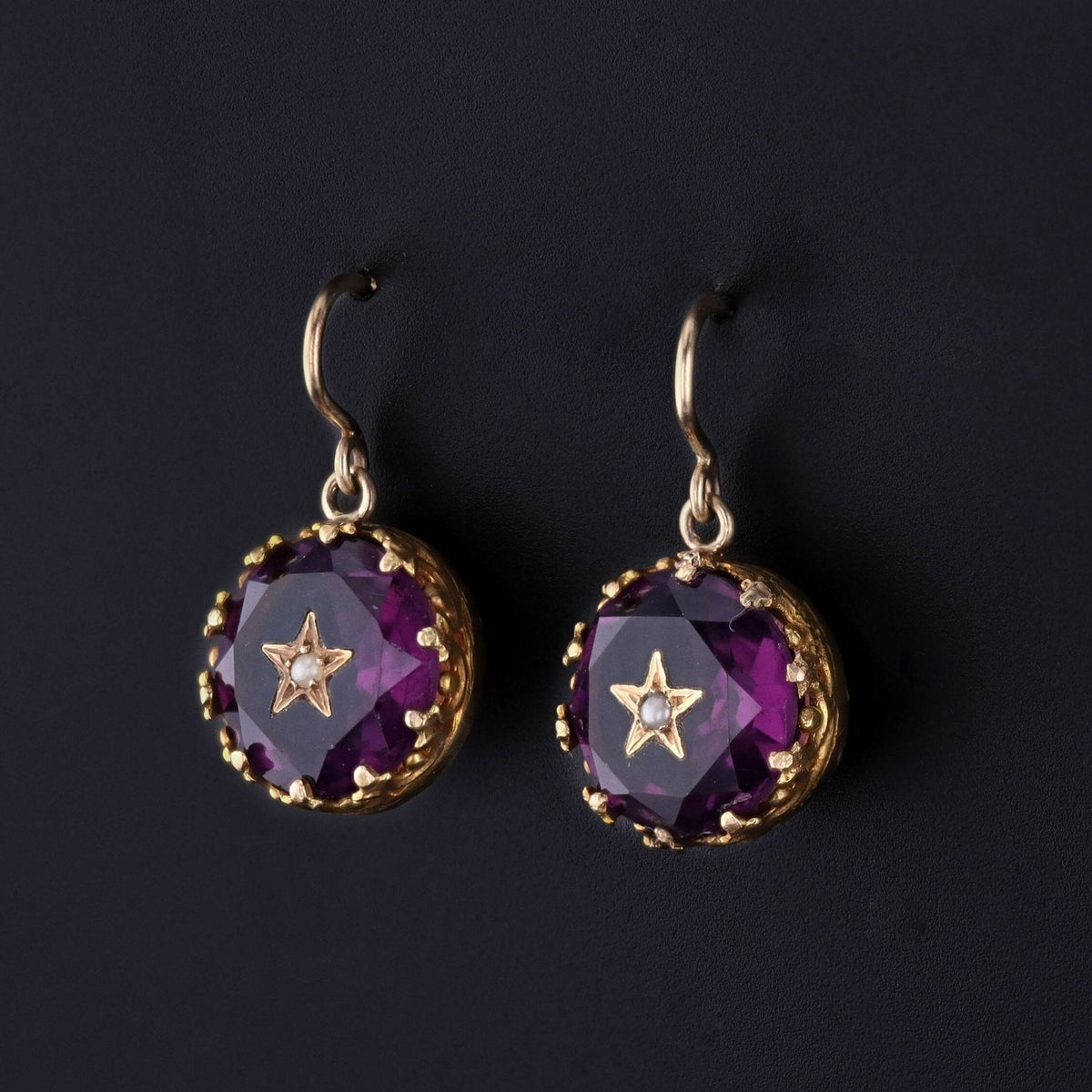 Antique Purple Glass Star Earrings of 14k Gold - Trademark Antiques