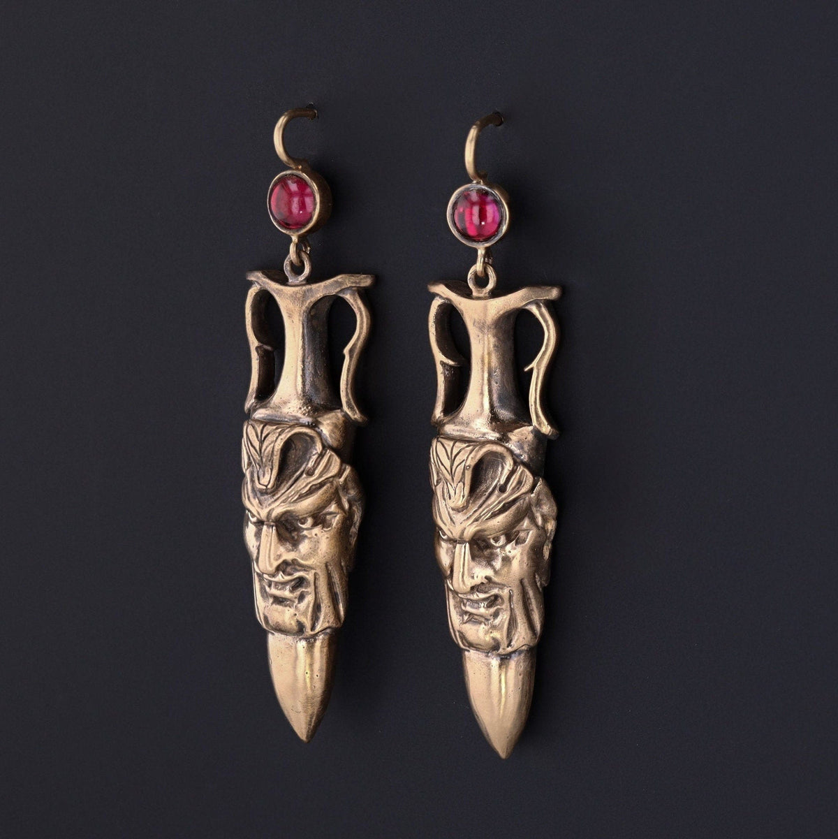 Antique Reproduction Greenman Earrings with Garnets of 14k Gold - Trademark Antiques