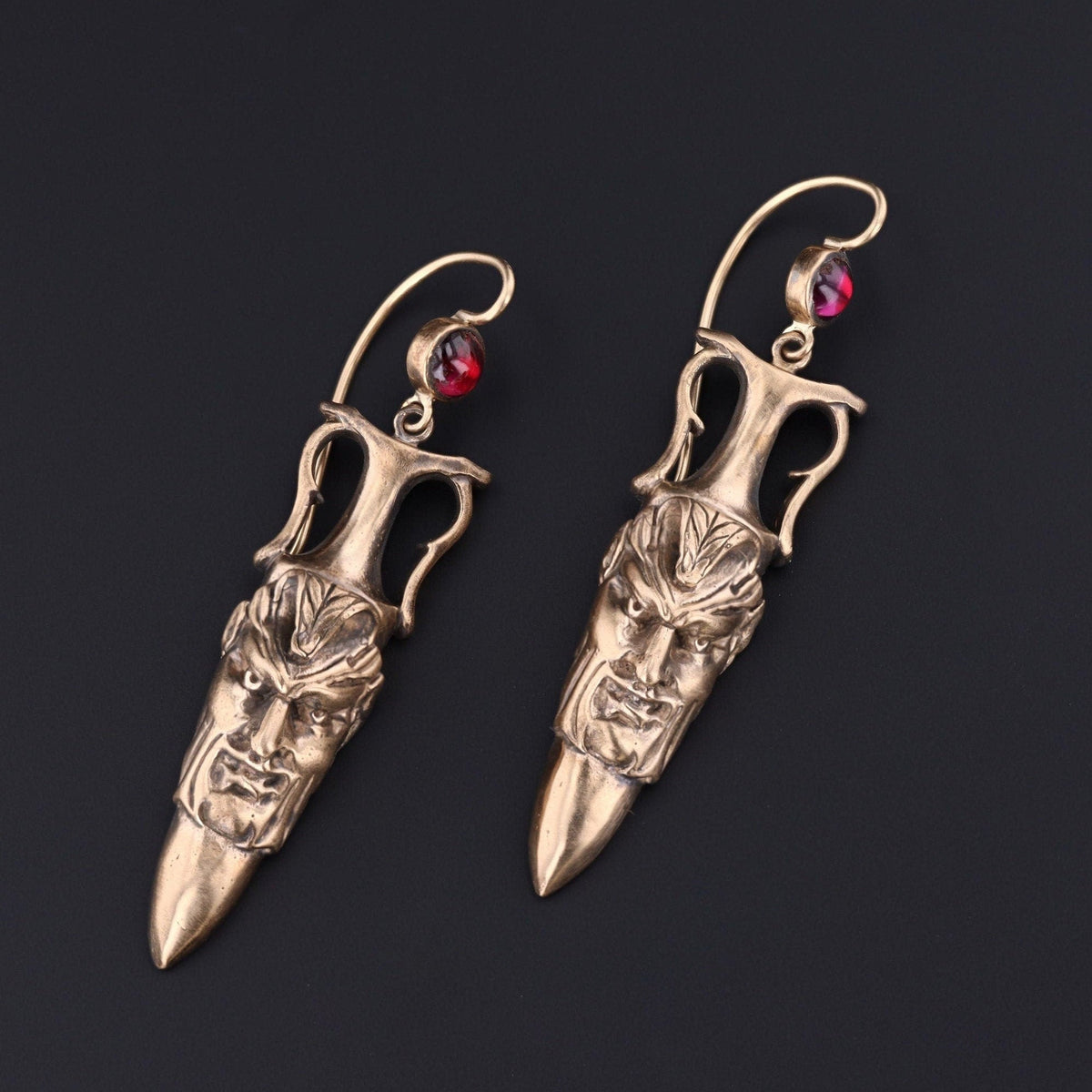 Antique Reproduction Greenman Earrings with Garnets of 14k Gold - Trademark Antiques