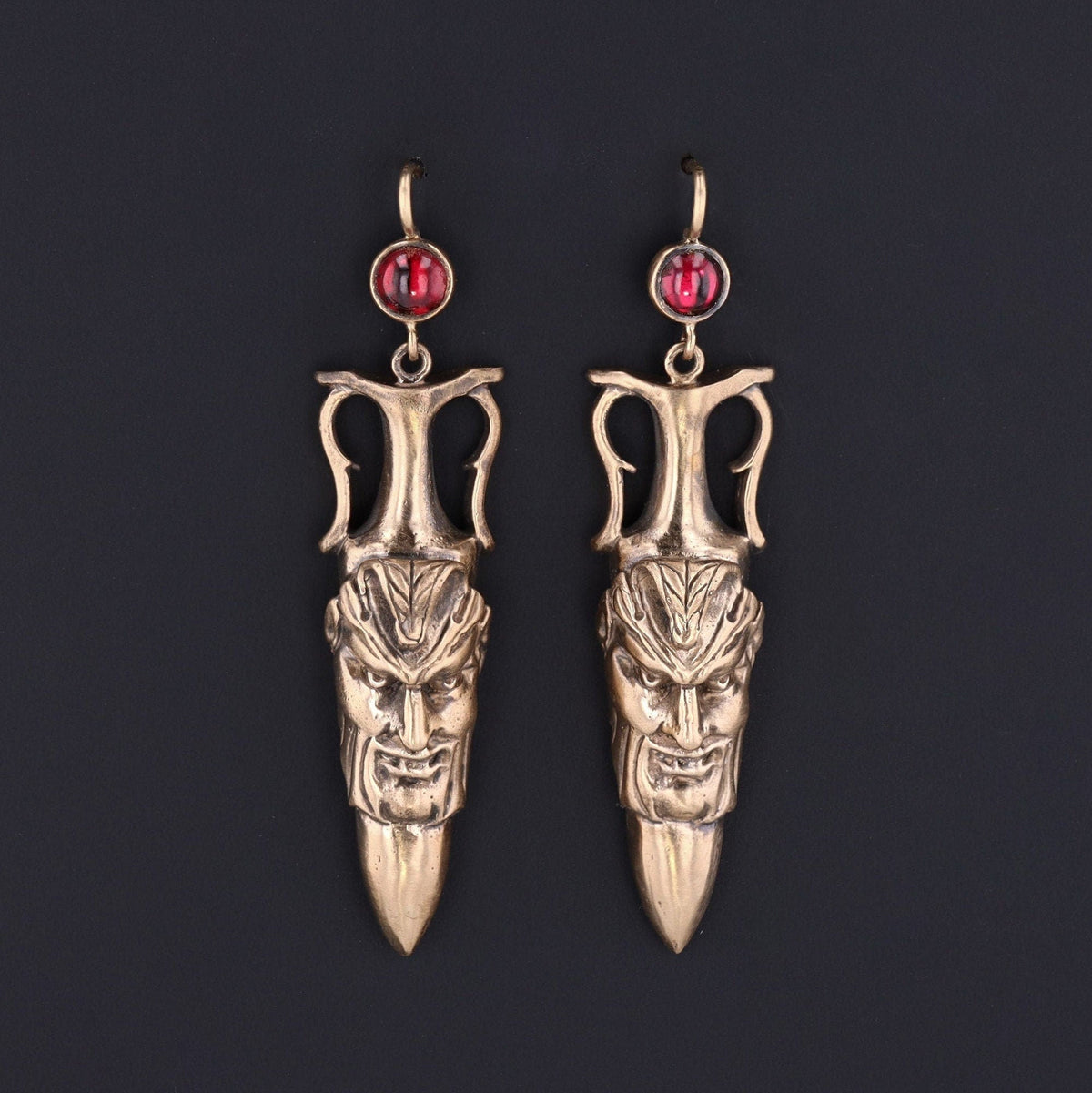 Antique Reproduction Greenman Earrings with Garnets of 14k Gold - Trademark Antiques