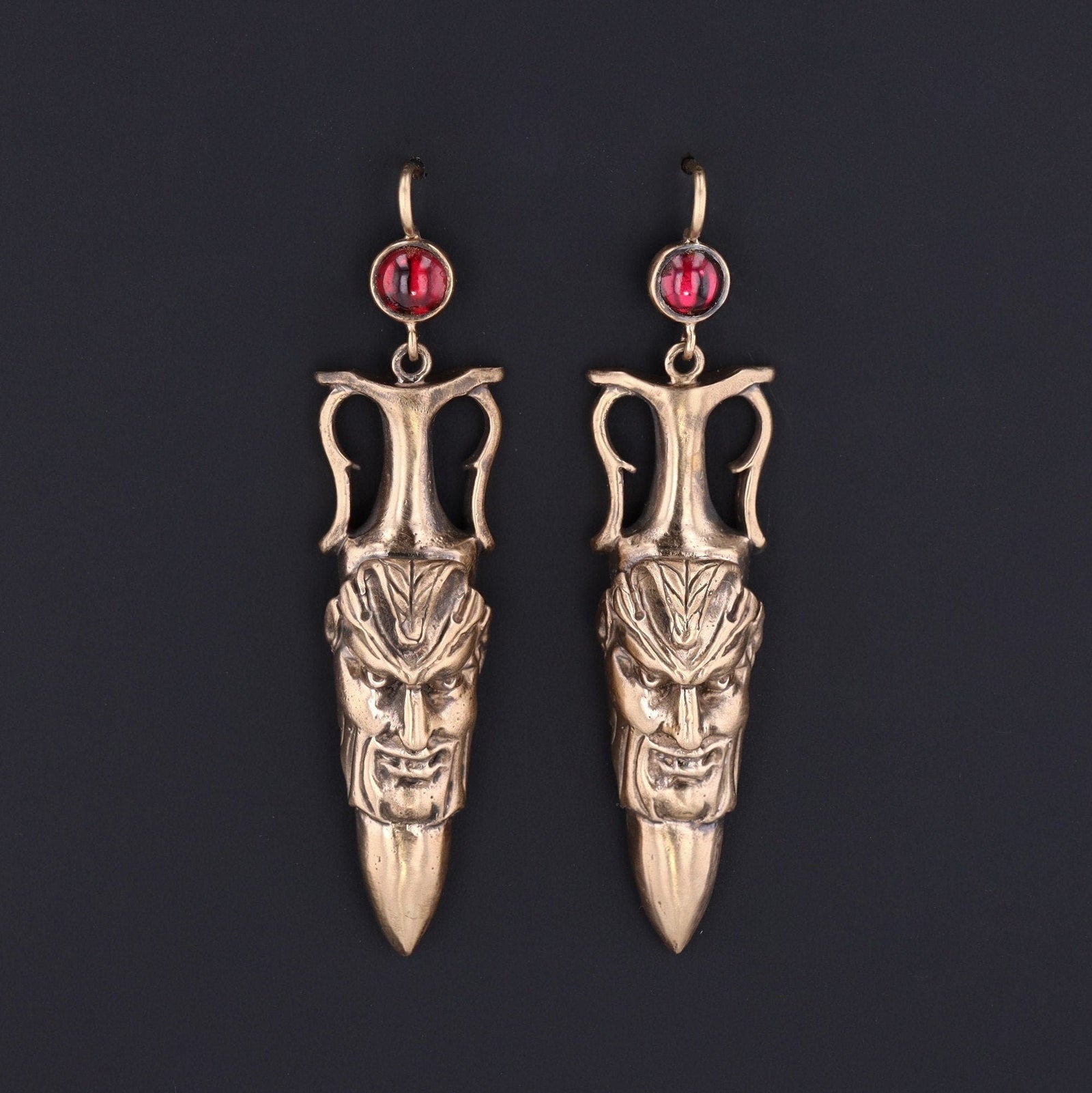 Antique Reproduction Greenman Earrings with Garnets of 14k Gold - Trademark Antiques