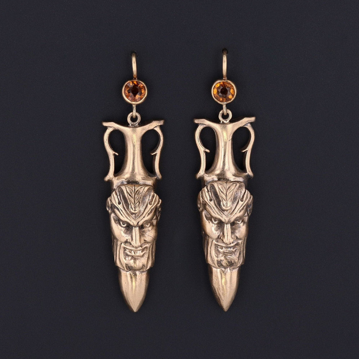 Antique Reproduction Greenman with Citrine Earrings of 14k Gold - Trademark Antiques