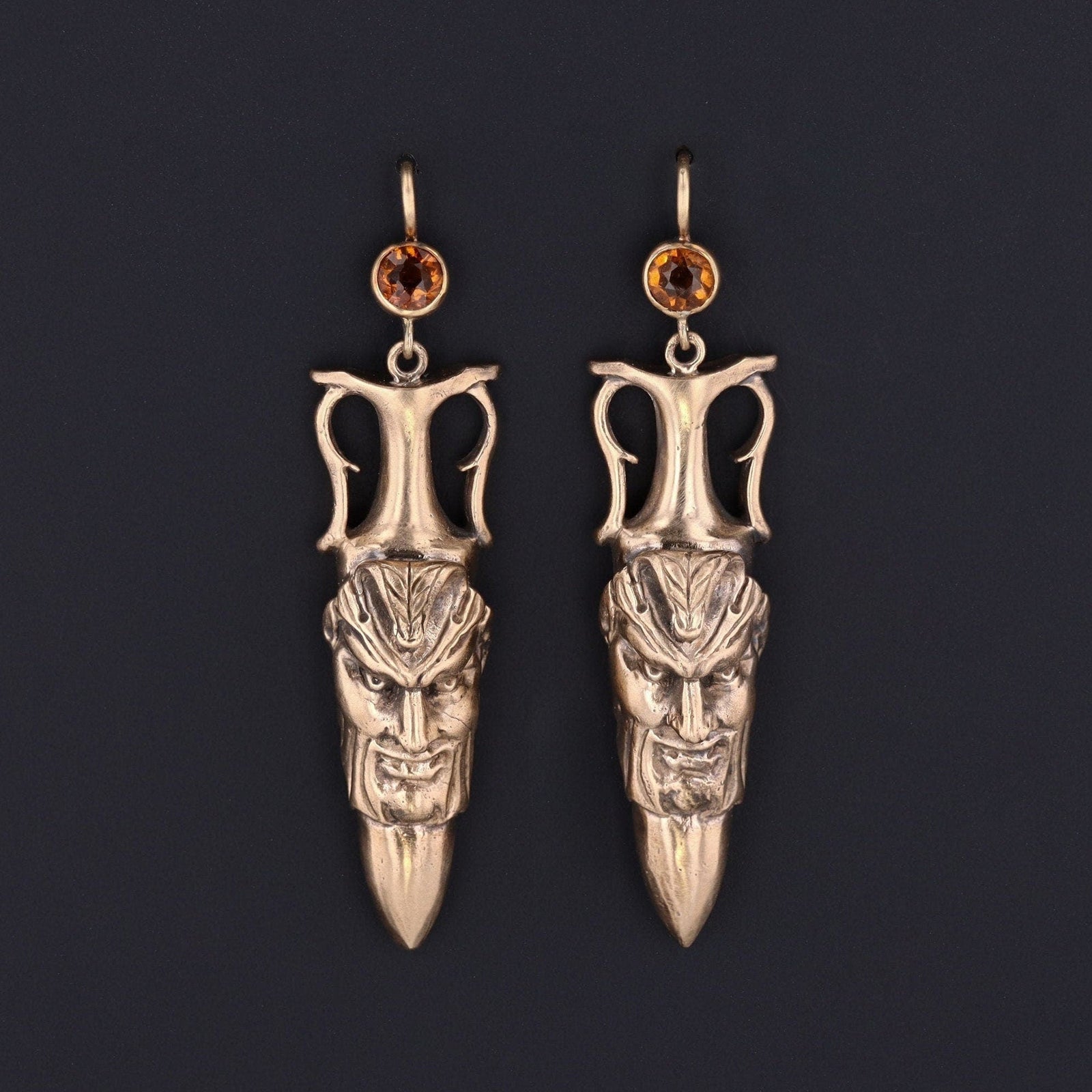 Antique Reproduction Greenman with Citrine Earrings of 14k Gold - Trademark Antiques