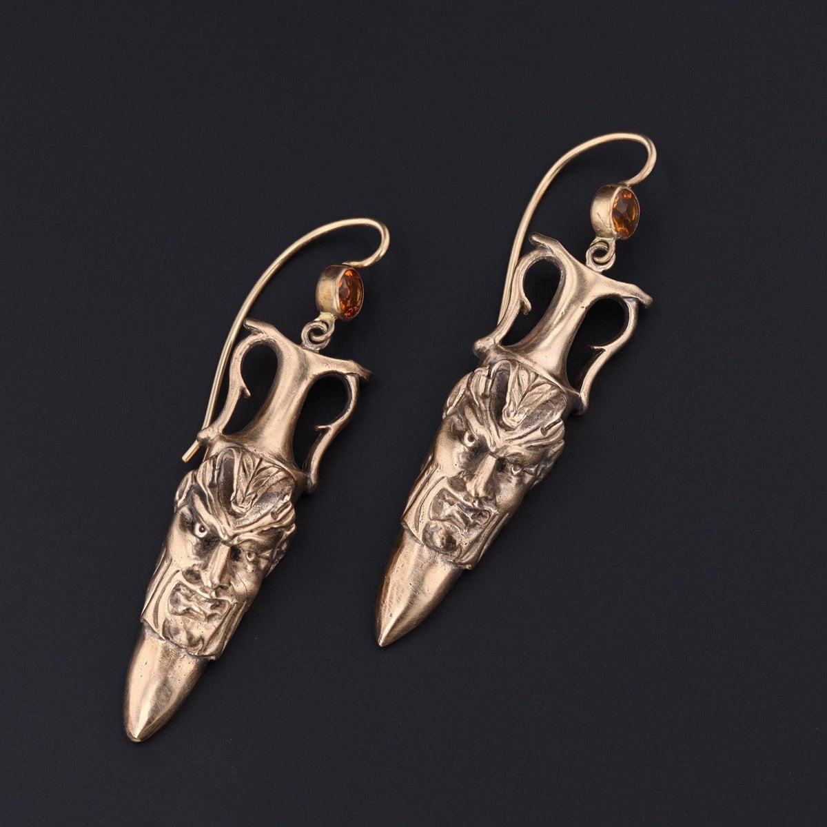 Antique Reproduction Greenman with Citrine Earrings of 14k Gold - Trademark Antiques