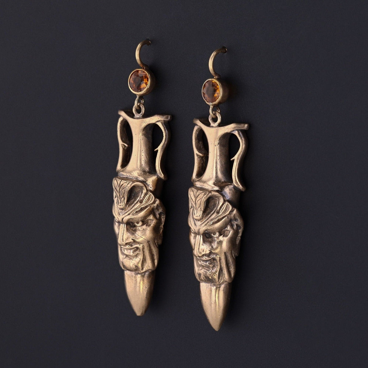 Antique Reproduction Greenman with Citrine Earrings of 14k Gold - Trademark Antiques