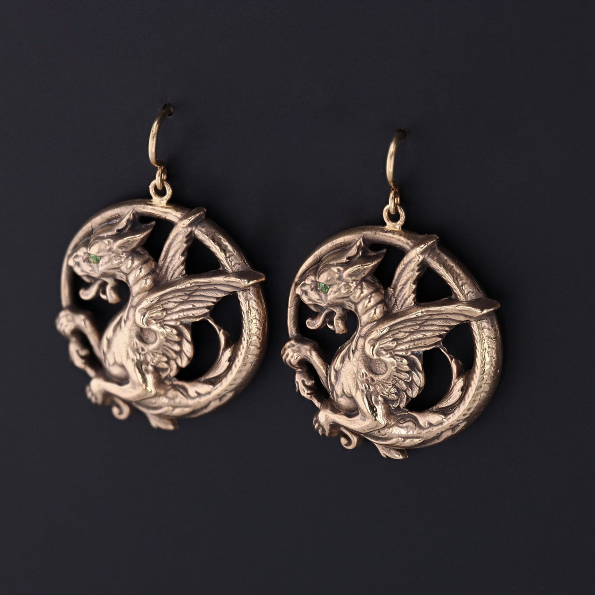Antique Reproduction Griffin Earrings of 14k Gold - Trademark Antiques