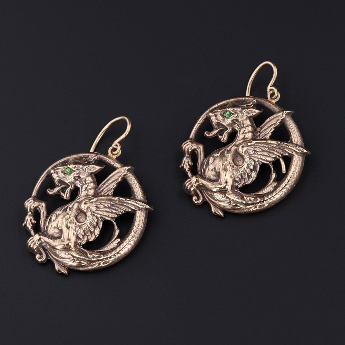 Antique Reproduction Griffin Earrings of 14k Gold - Trademark Antiques
