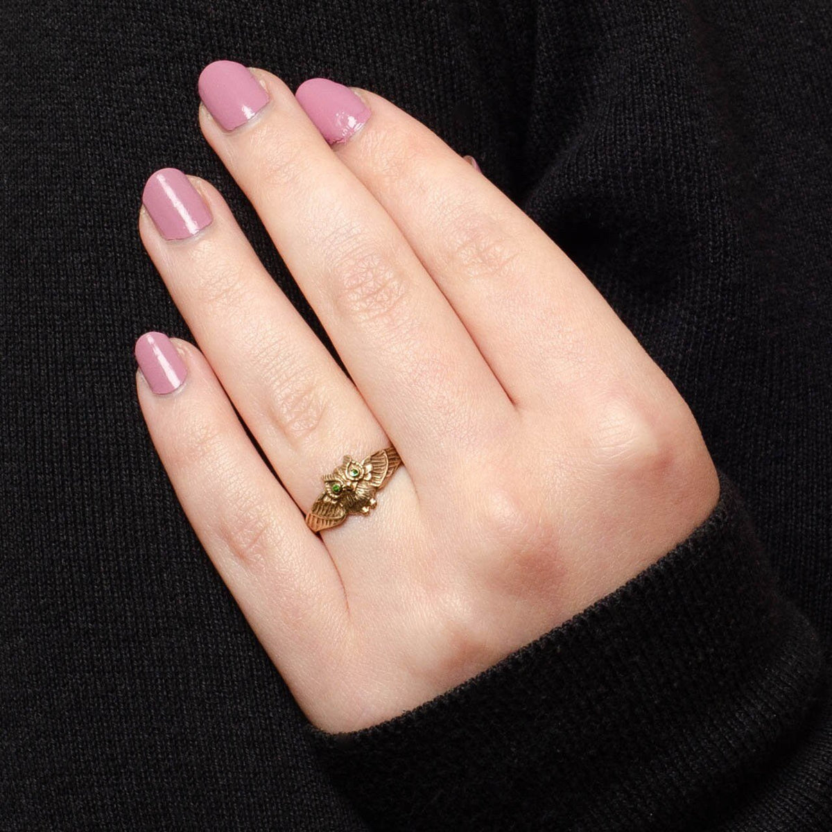 Antique Reproduction Owl with Tsavorite Garnet Eyes Ring of 14k Gold - Trademark Antiques