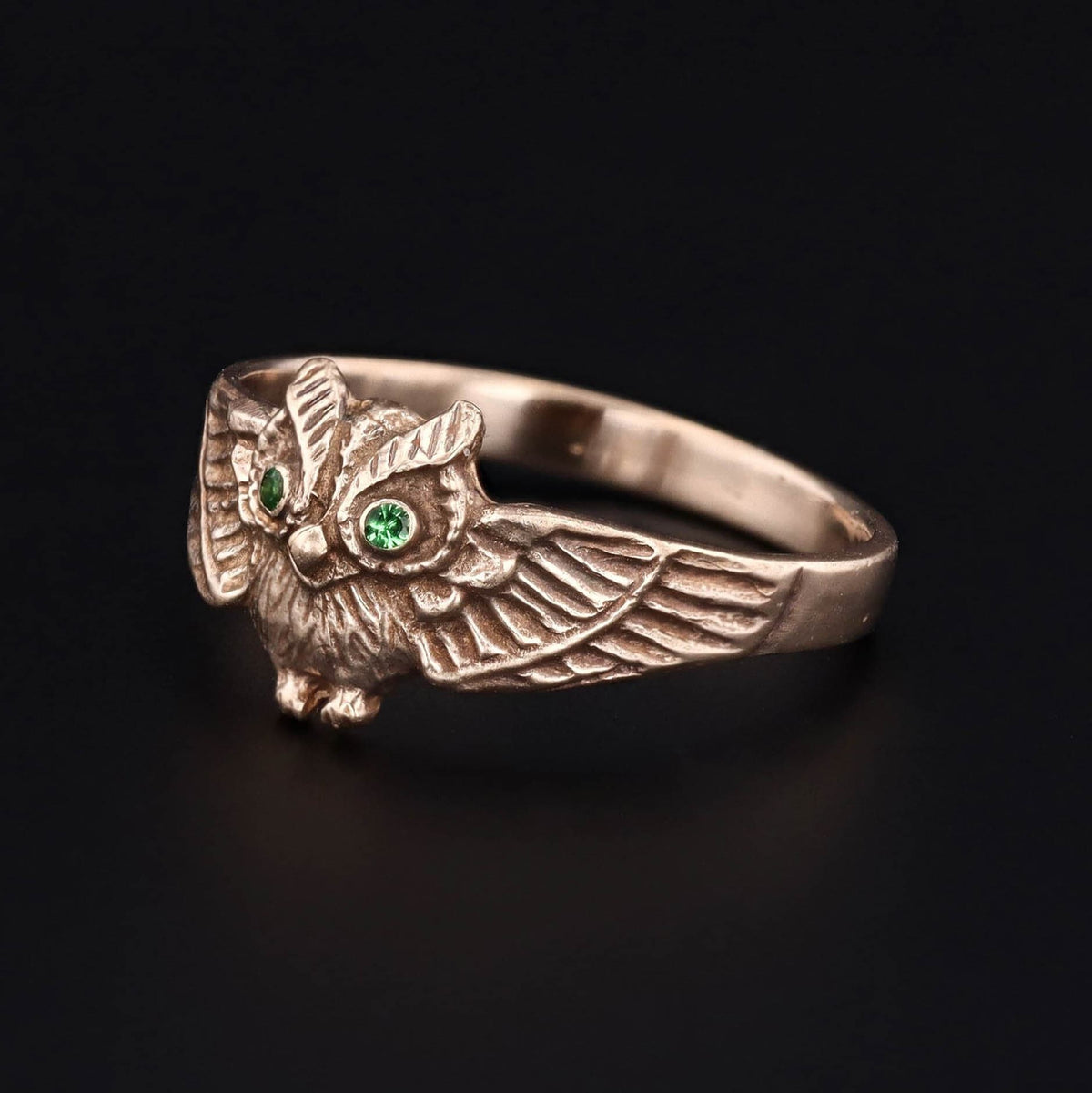 Antique Reproduction Owl with Tsavorite Garnet Eyes Ring of 14k Gold - Trademark Antiques