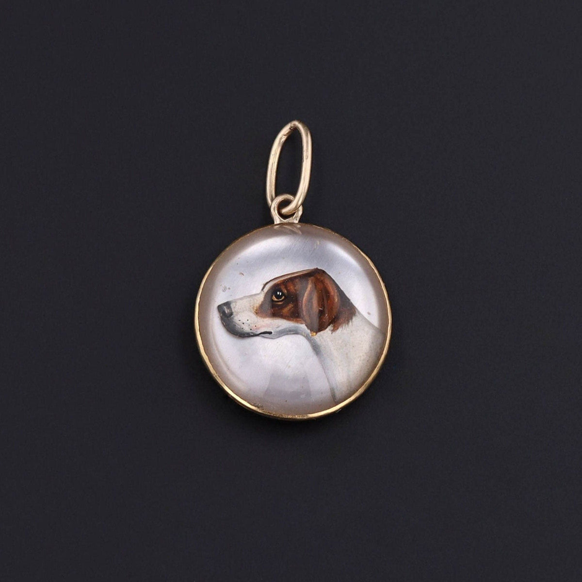 Antique Reverse Carved and Painted Crystal Dog Conversion Charm of 18k Gold - Trademark Antiques