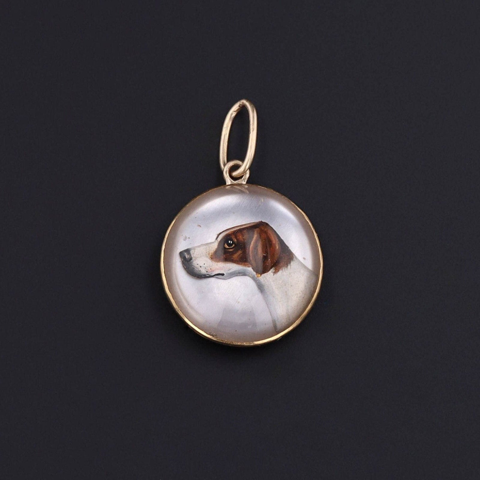Antique Reverse Carved and Painted Crystal Dog Conversion Charm of 18k Gold - Trademark Antiques