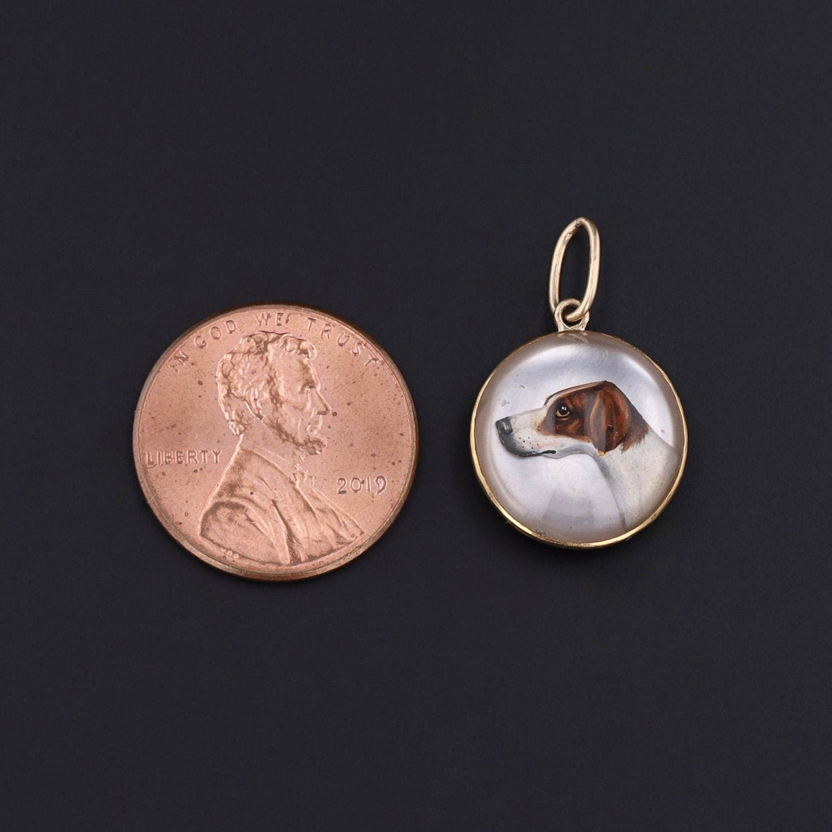 Antique Reverse Carved and Painted Crystal Dog Conversion Charm of 18k Gold - Trademark Antiques
