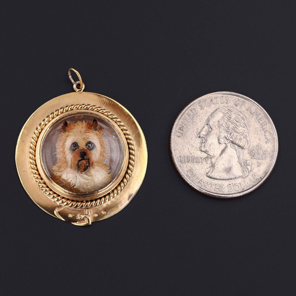 Antique Reverse Painted Crystal Terrier Dog Pendant of 14k Gold - Trademark Antiques