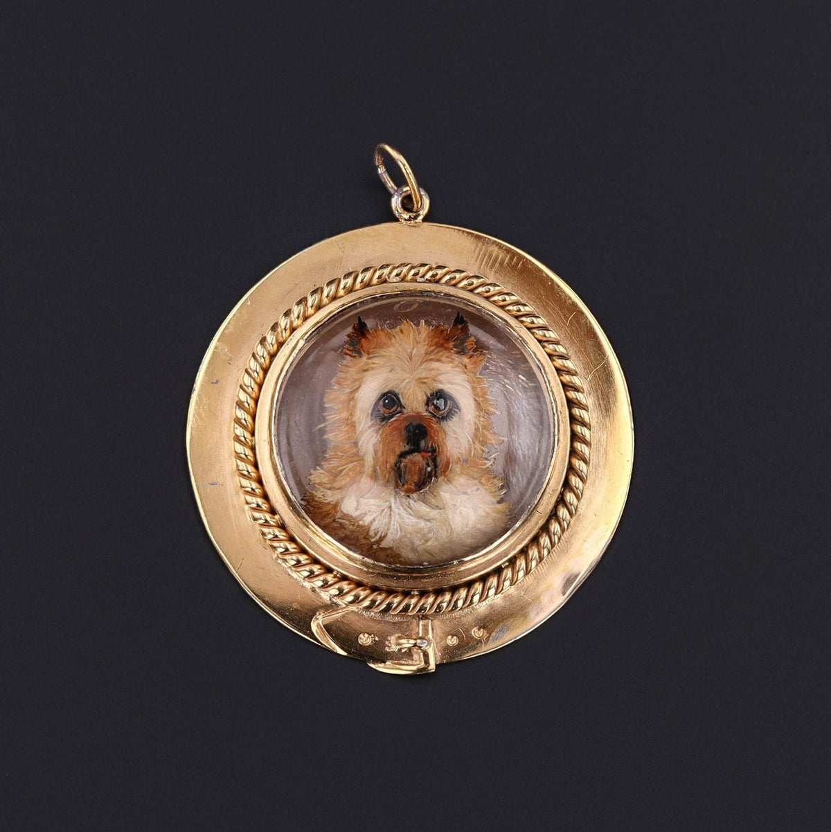 Antique Reverse Painted Crystal Terrier Dog Pendant of 14k Gold - Trademark Antiques