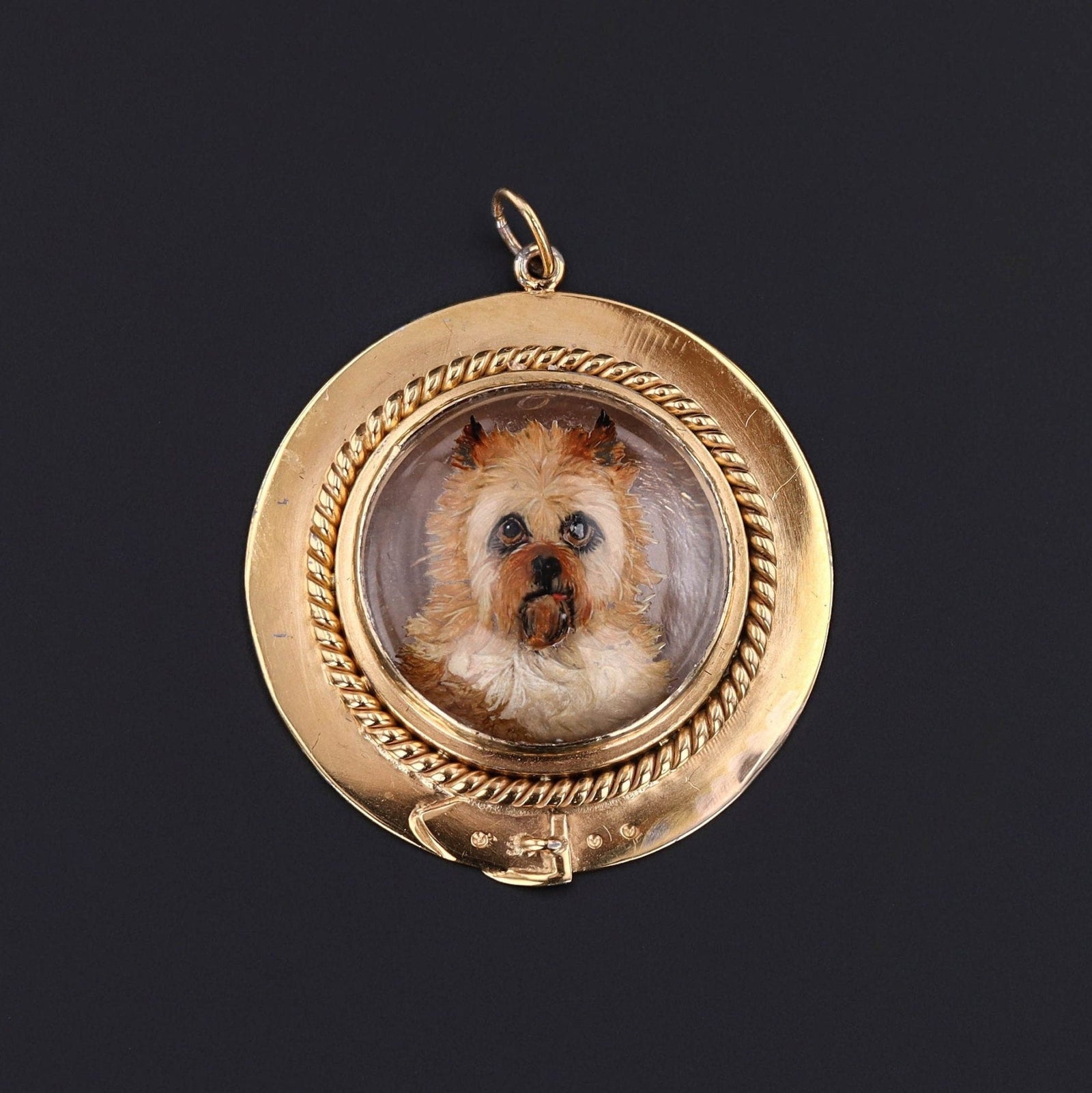 Antique Reverse Painted Crystal Terrier Dog Pendant of 14k Gold - Trademark Antiques