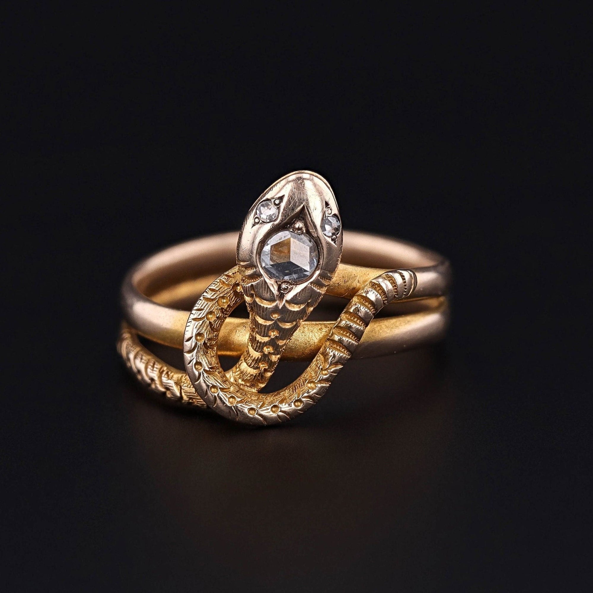 Antique Rose Cut Diamond Snake Ring of 14k Gold - Trademark Antiques