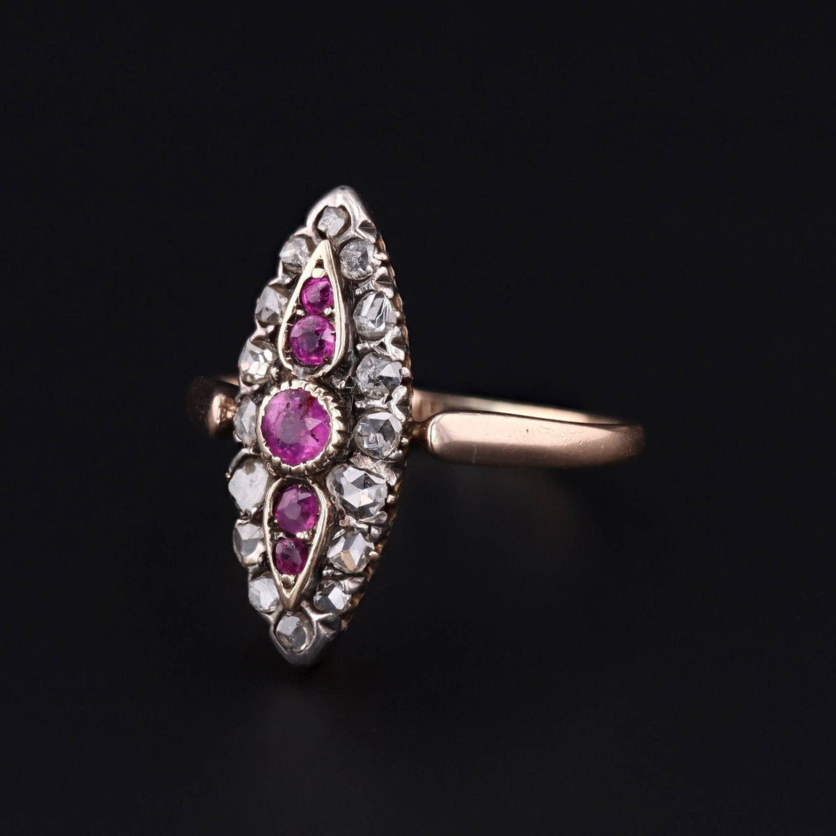 Antique Ruby and Diamond Navette Ring of 18k Gold - Trademark Antiques