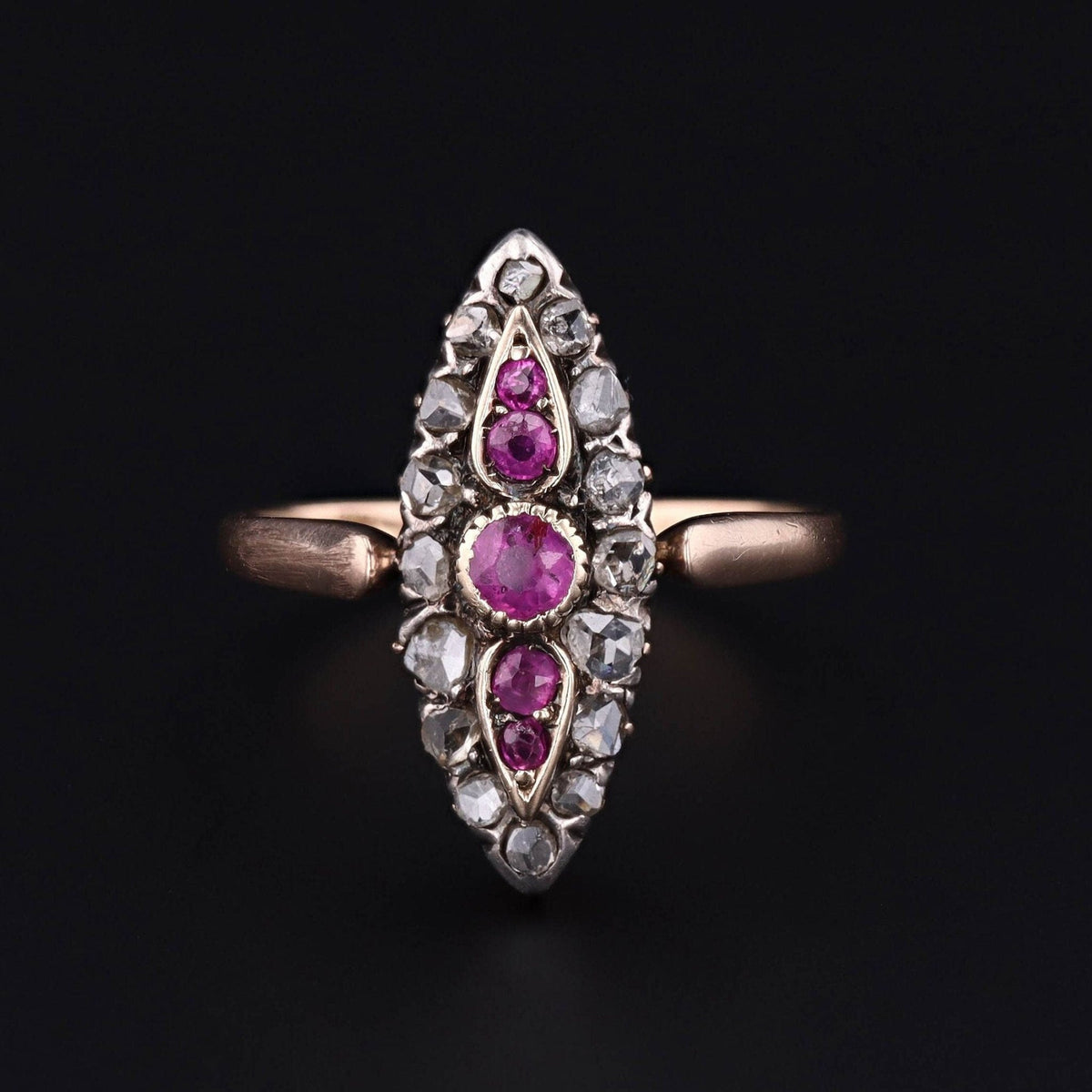 Antique Ruby and Diamond Navette Ring of 18k Gold - Trademark Antiques