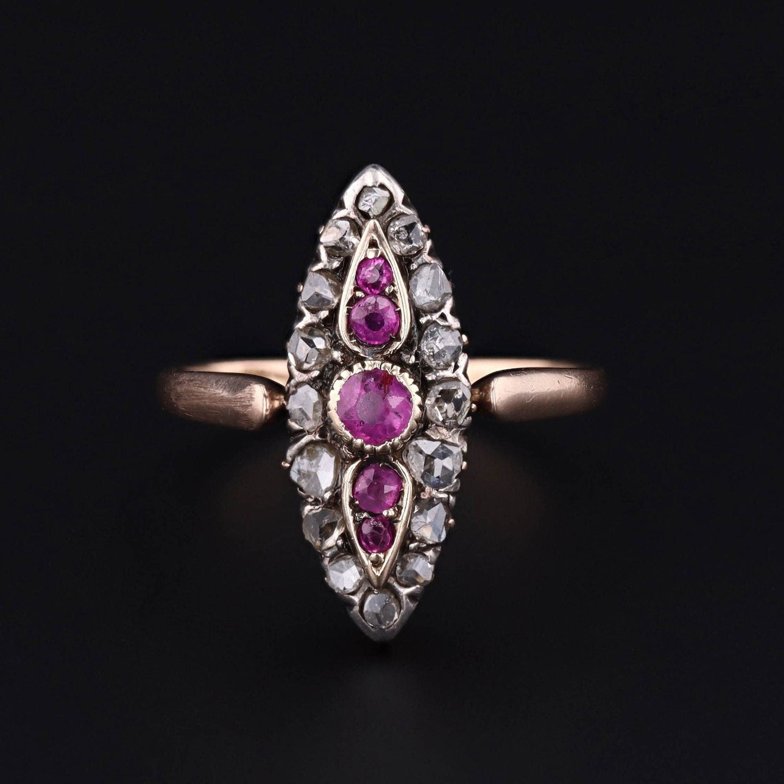 Antique Ruby and Diamond Navette Ring of 18k Gold - Trademark Antiques