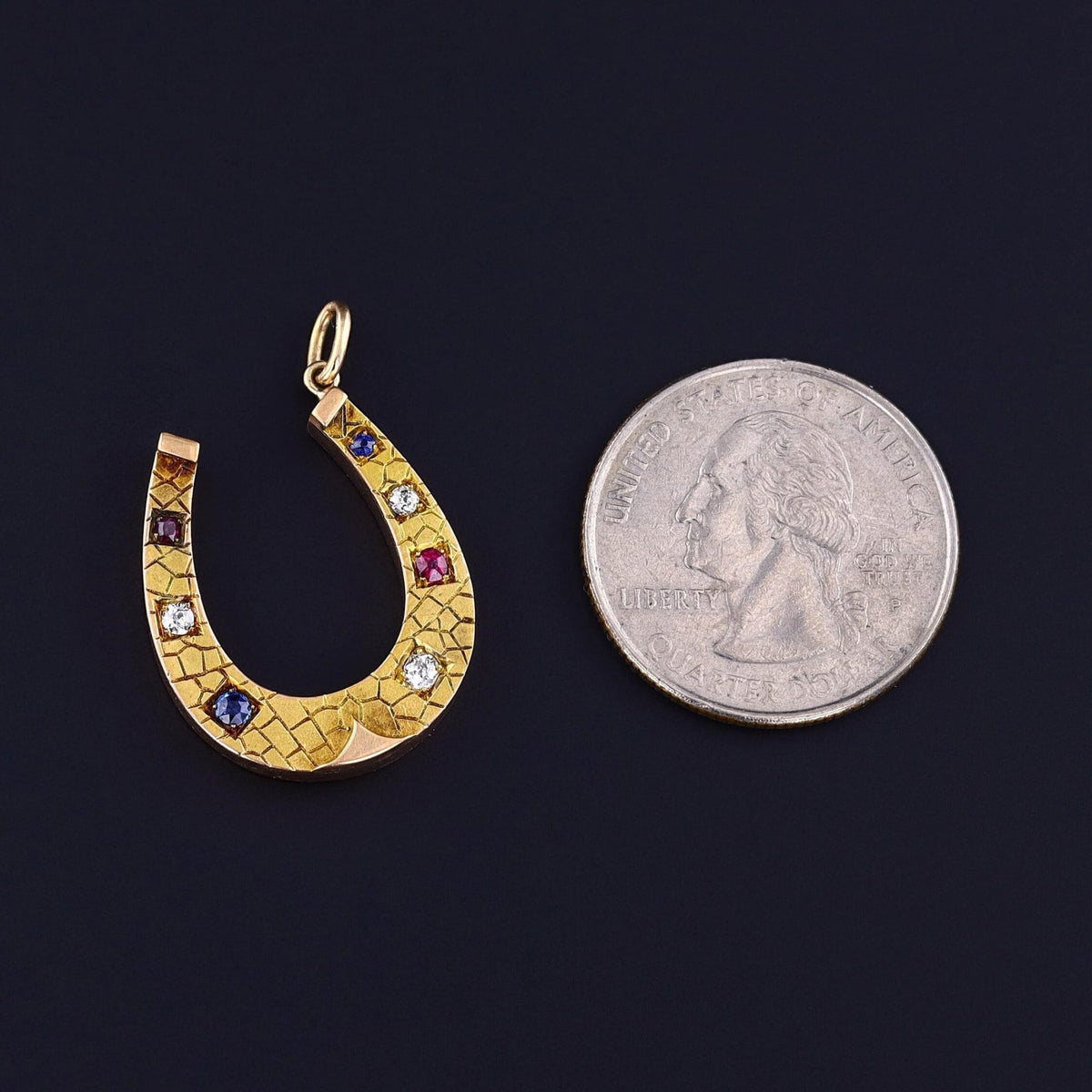 Antique Ruby Diamond and Sapphire Horseshoe Pendant of 14k Gold - Trademark Antiques