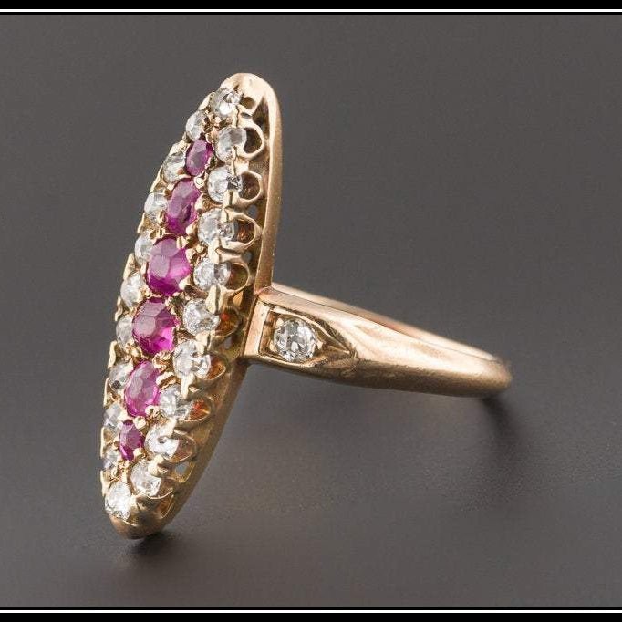 Antique Ruby &amp; Diamond Ring | Antique 14k Gold Navette Ring - Trademark Antiques