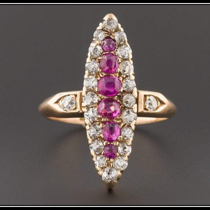 Antique Ruby & Diamond Ring | Antique 14k Gold Navette Ring - Trademark Antiques