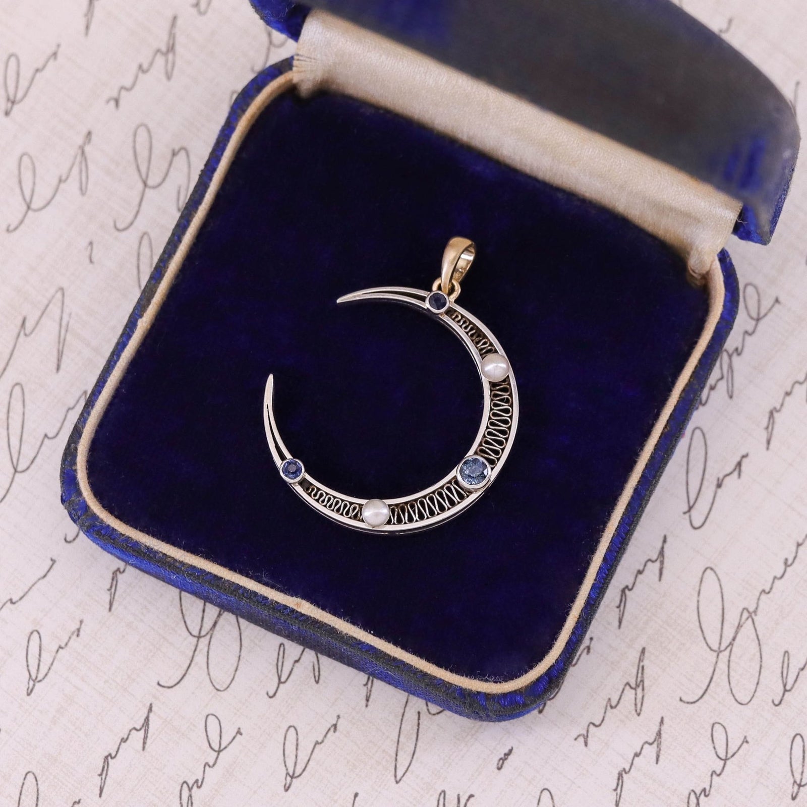 Antique Sapphire and Pearl Crescent Pendant - Trademark Antiques