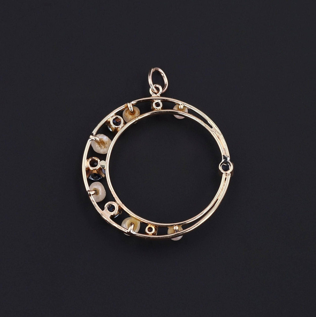 Antique Sapphire and Pearl Crescent Pendant 14k Gold - Trademark Antiques