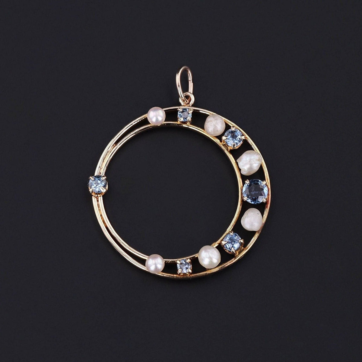 Antique Sapphire and Pearl Crescent Pendant 14k Gold - Trademark Antiques