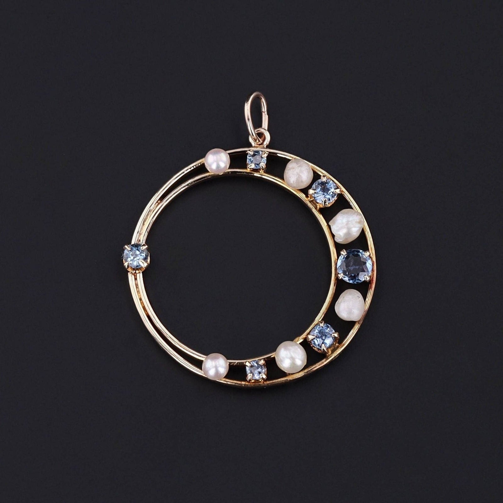 Antique Sapphire and Pearl Crescent Pendant 14k Gold - Trademark Antiques