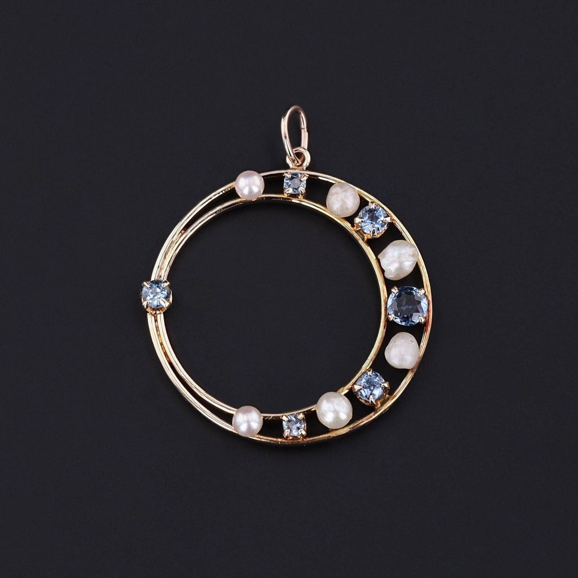 Antique Sapphire and Pearl Crescent Pendant 14k Gold - Trademark Antiques