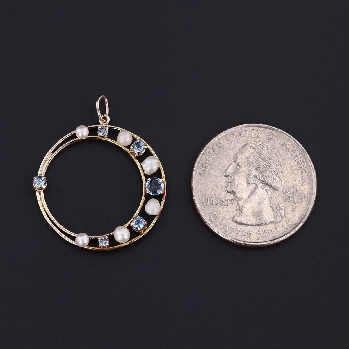 Antique Sapphire and Pearl Crescent Pendant 14k Gold - Trademark Antiques