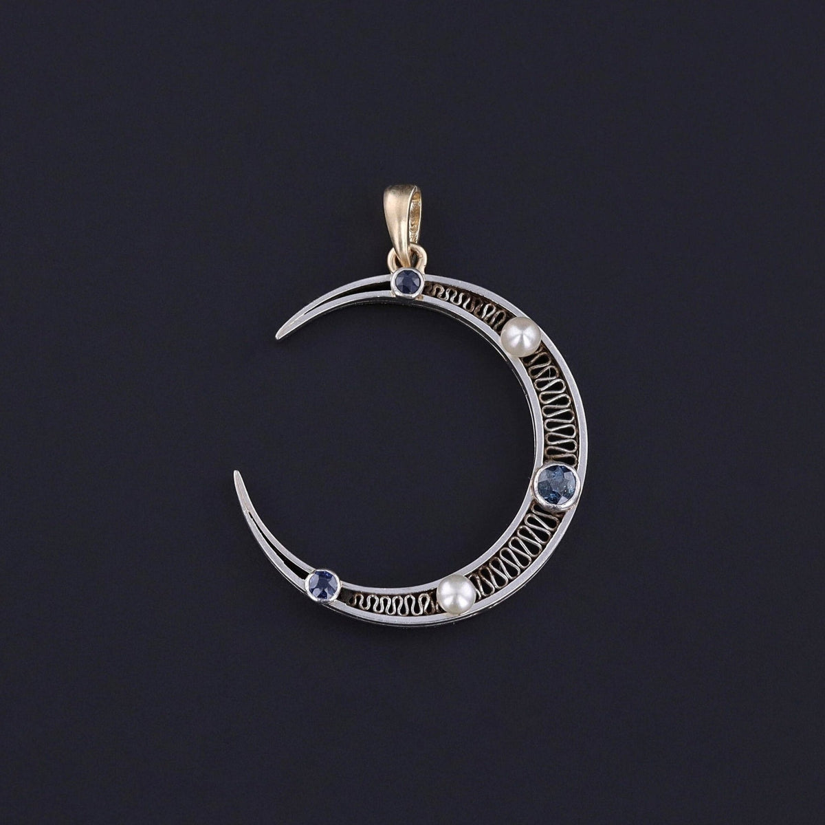 Antique Sapphire and Pearl Crescent Pendant - Trademark Antiques