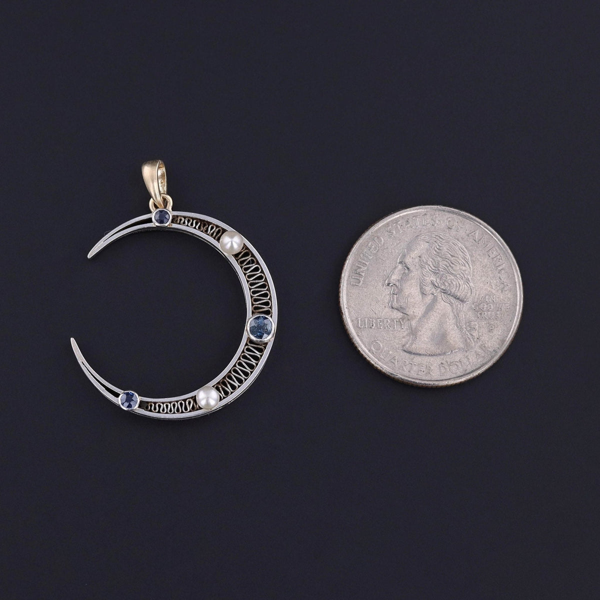 Antique Sapphire and Pearl Crescent Pendant - Trademark Antiques