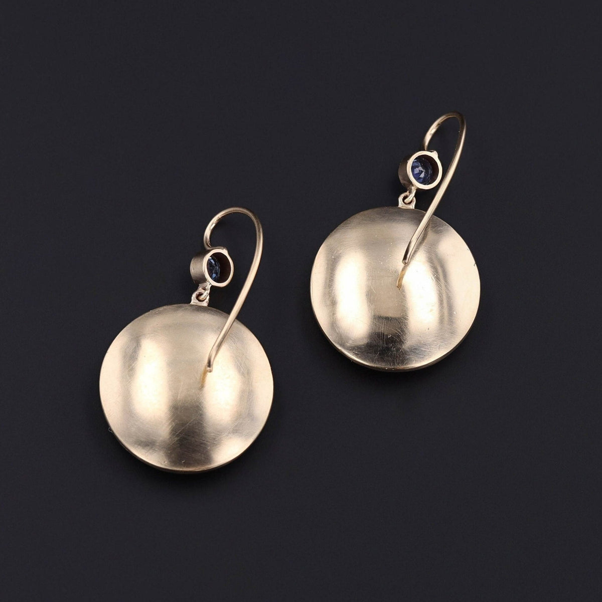 Antique Sapphire &amp; Ceramic Man in the Moon Conversion Earrings 14k Gold - Trademark Antiques