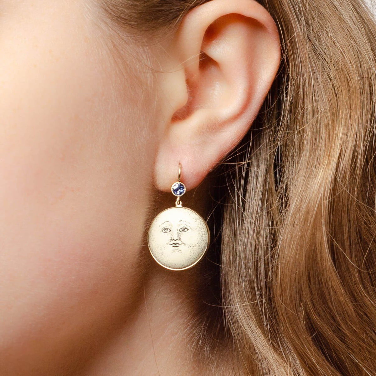 Antique Sapphire &amp; Ceramic Man in the Moon Conversion Earrings 14k Gold - Trademark Antiques