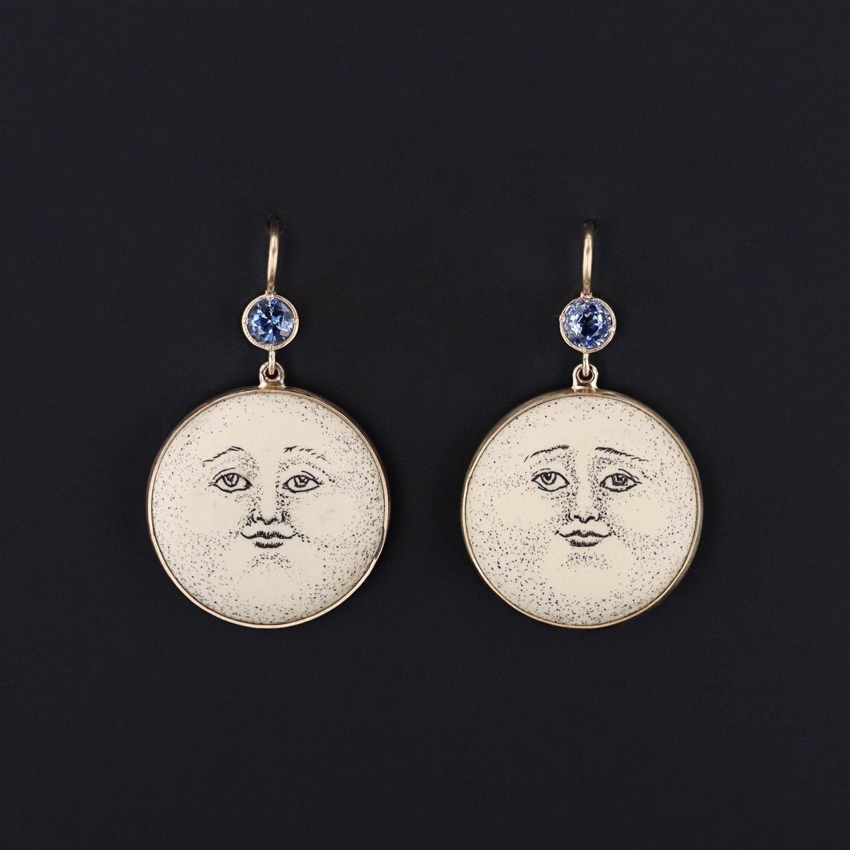 Antique Sapphire &amp; Ceramic Man in the Moon Conversion Earrings 14k Gold - Trademark Antiques