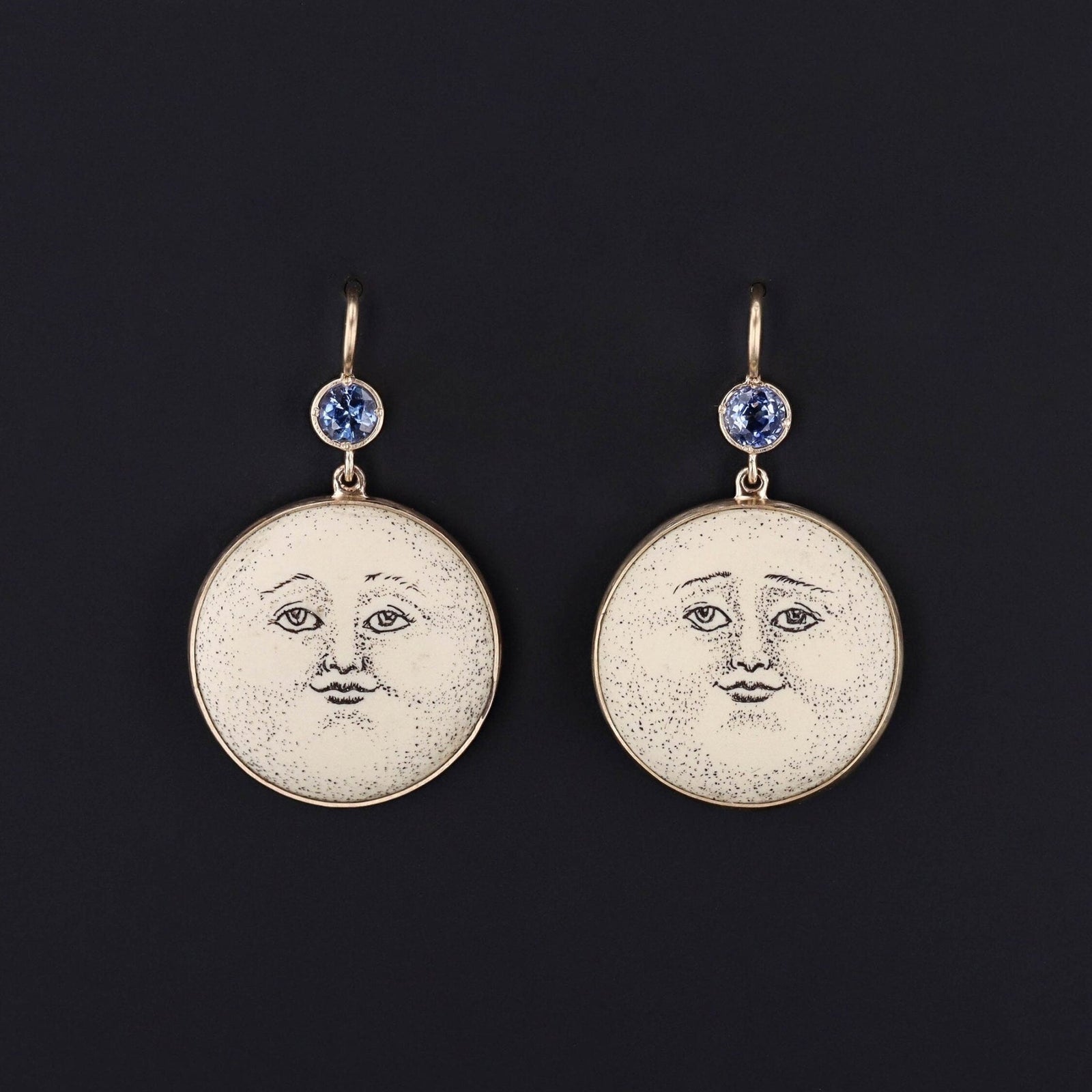 Antique Sapphire & Ceramic Man in the Moon Conversion Earrings 14k Gold - Trademark Antiques